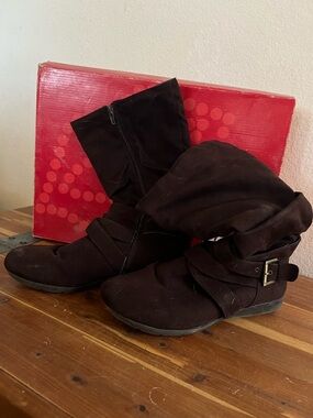 Hot Kiss Brown Slouch Boots with Buckle Strap